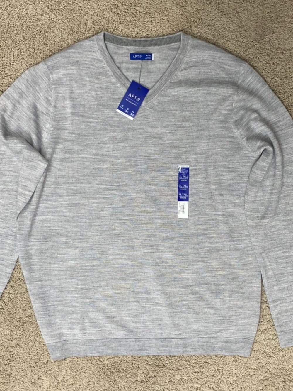 APT. 9 Merino Blend V-Neck Sweater Mens Gray XL Tall Lightweight Long Sleeve NEW